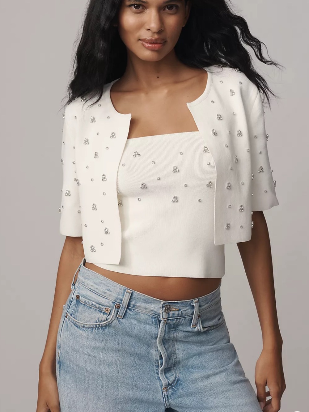 Maeve Anthropologie Short-Sleeve Embellished Crop Cardigan Sweater Size S